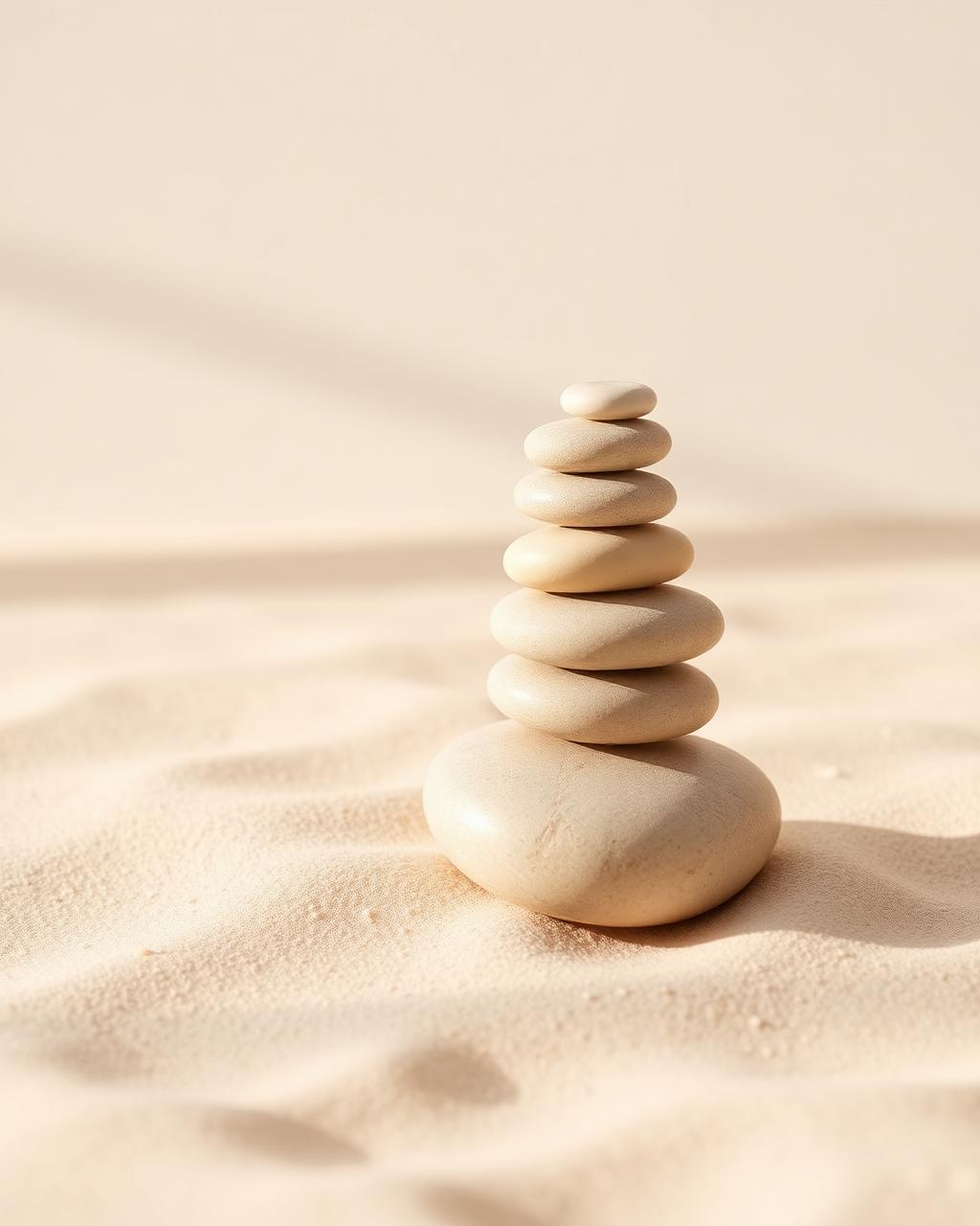 Balanced stones resting on warm sand